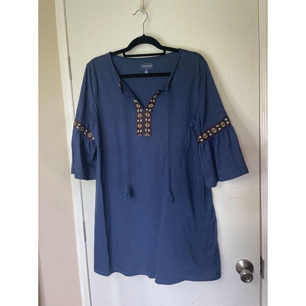 Cherokee Women's Boho Bell-Sleeve Shift Dress/Tunic in Denim Blue Size L